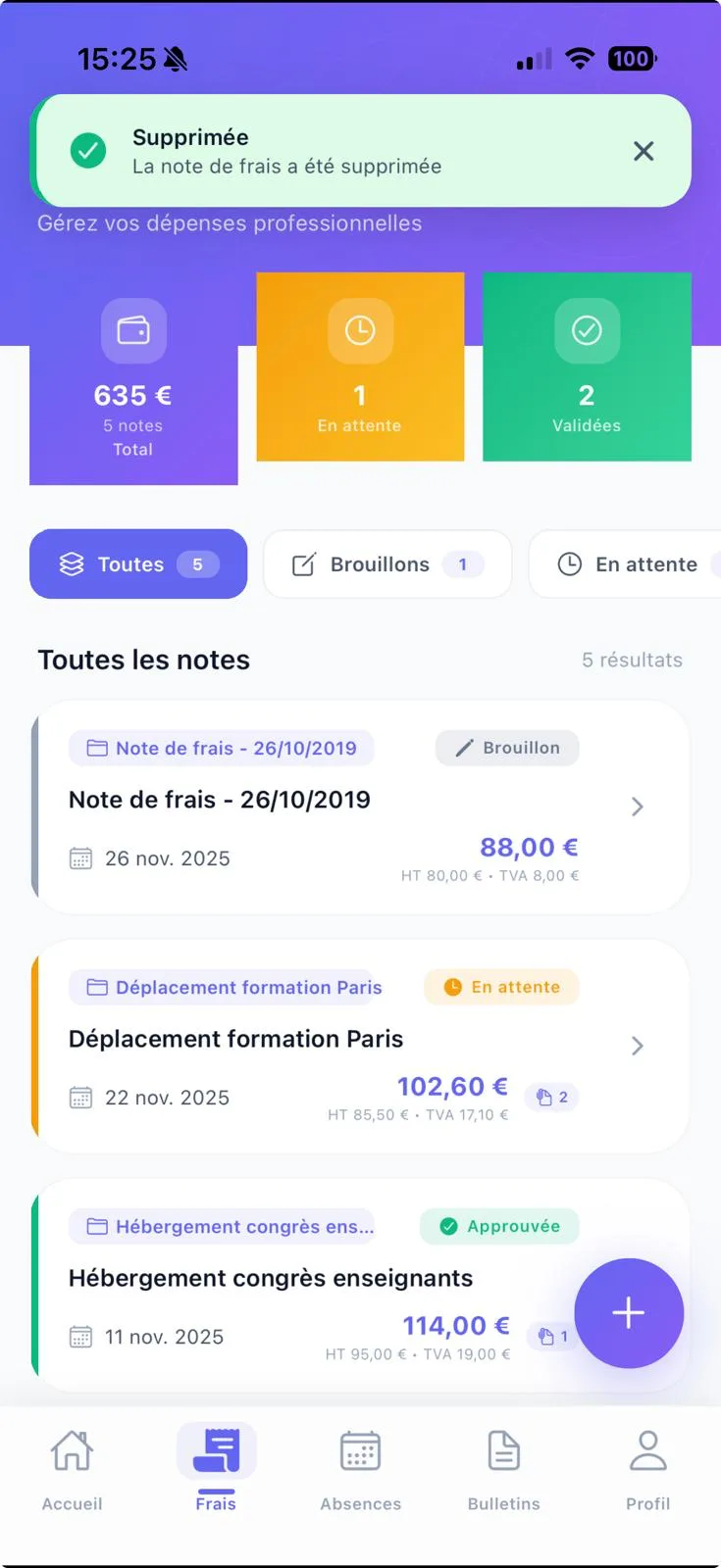 App mobile MyRH notes de frais