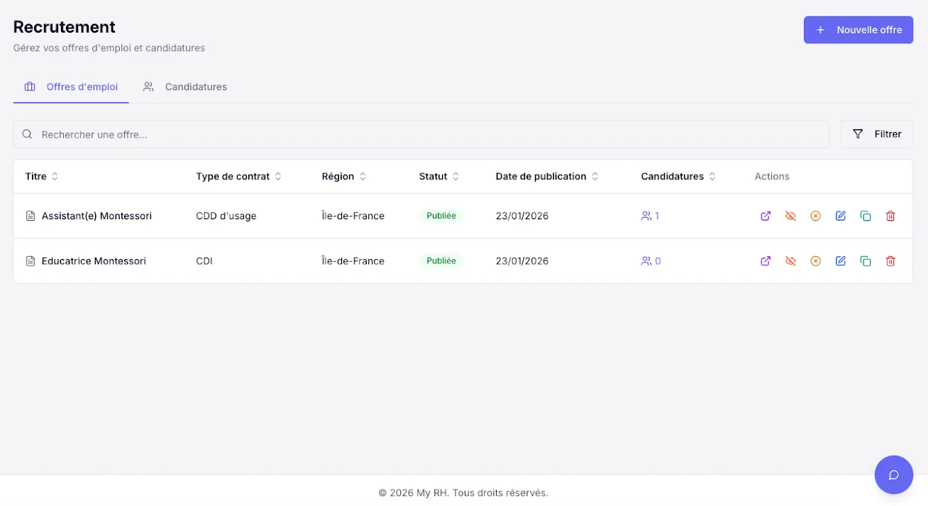 Tableau des offres d'emploi MyRH
