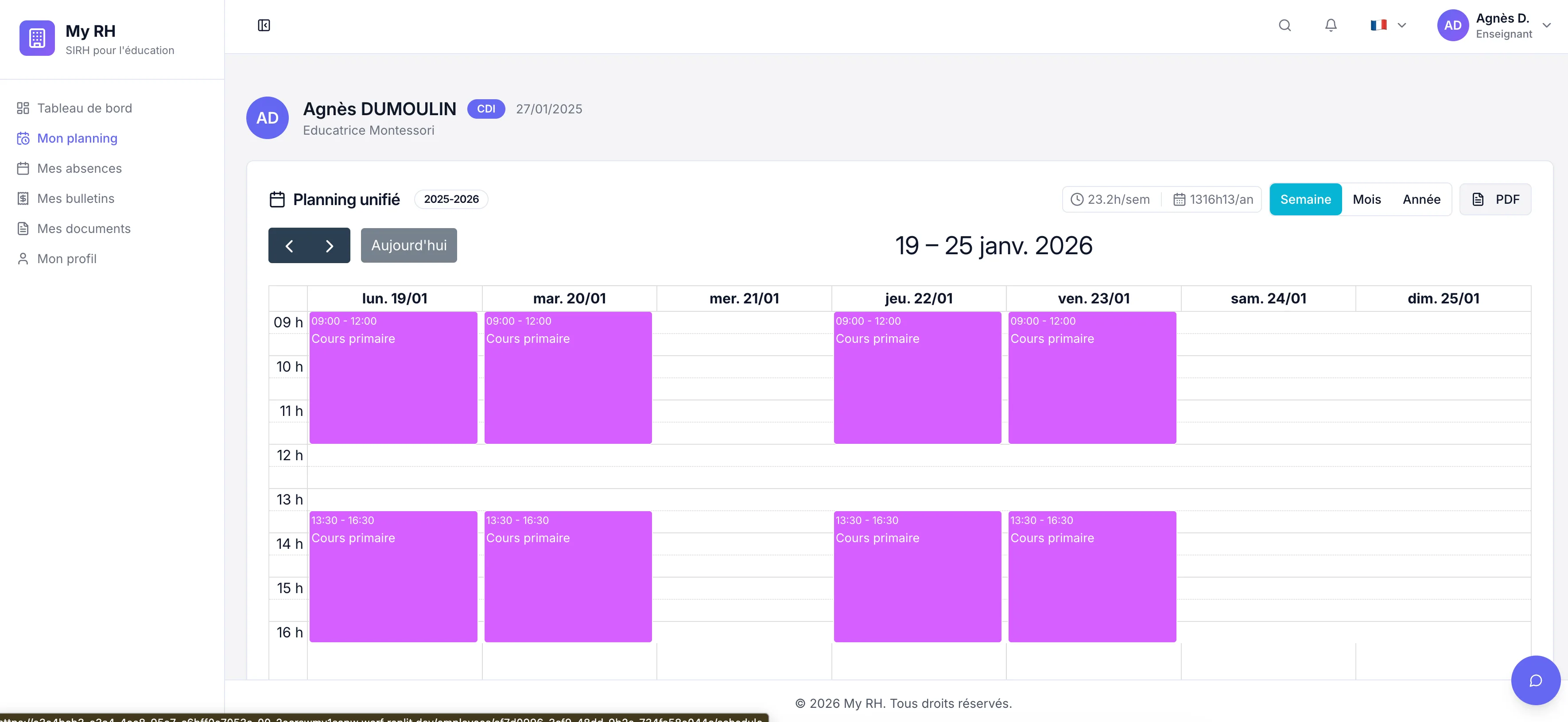 Planning enseignant MyRH