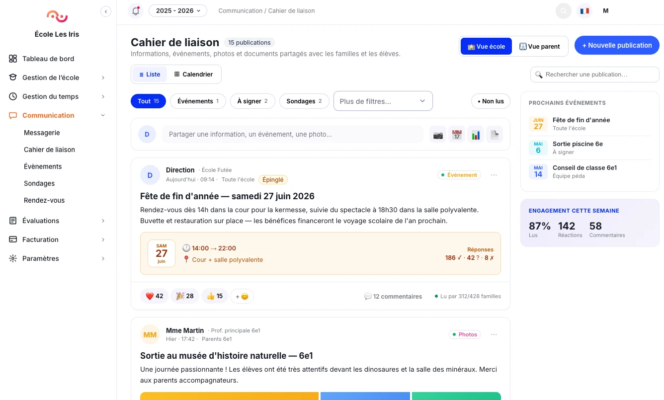Cahier de liaison École Futée — communication école-familles, événements et publications