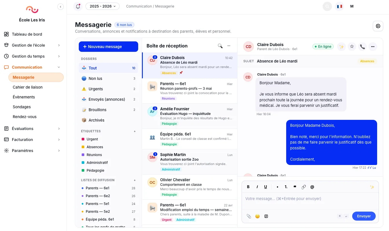Messagerie intelligente École Futée avec étiquettes et listes de diffusion