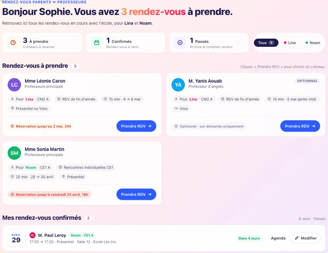 Interface parent pour réserver un rendez-vous avec les professeurs - École Futée